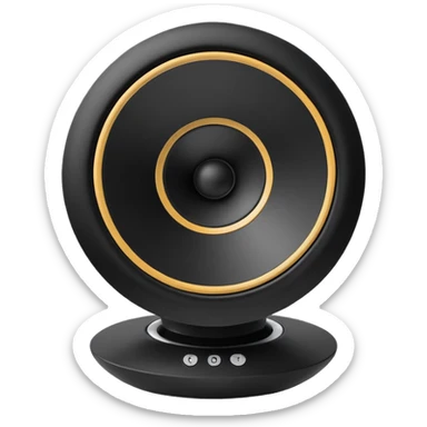 Single simple black desktop speaker, one round white cone with black center, boxy shape, clean white background, product photo. sticker