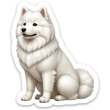 cinematic-[samoyed]-realistic-full-body-sitting-emoji,-tail-resting-loosely-beside-its-paws,white eyes-head-tilted-dramatically, -fluffy-[white]-fur,-simplified-yet-realistic-focused-features,-highly-detailed,-glowing-with-an-almost-sarcastic-glow sticker
