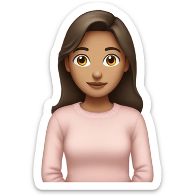 Pretty brown eyed brunette girl with light pink sweater reading cozy sticker