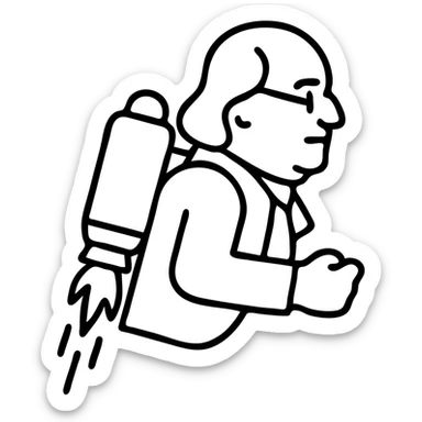 Ben Franklin wearing a jetpack, flat icon style, black outline, no fill, suitable for a startup logo sticker