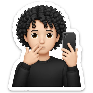 A circular black and white emoji in which a boy is hiding his face with his fingers white taking the selfie and his hair are curly sticker