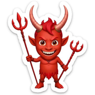 Red devil with horns and trident, grinning mischievous sticker
