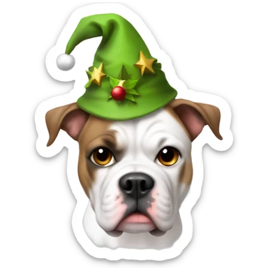 White & brown American bulldog with an elf hat on sticker