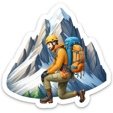 Icon for Mountain Tourism and Climbing: a mountain peak in the background, climbing gear and backpack. The icon should capture the adventure and challenge of alpine exploration. Transparent background. sticker