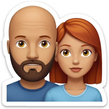 Couple. A bald man with dark brown beard and a girl with light skin. She is a redhead and has dark yellow brown auburn hair. Different skincolor. She has very light skin. sticker
