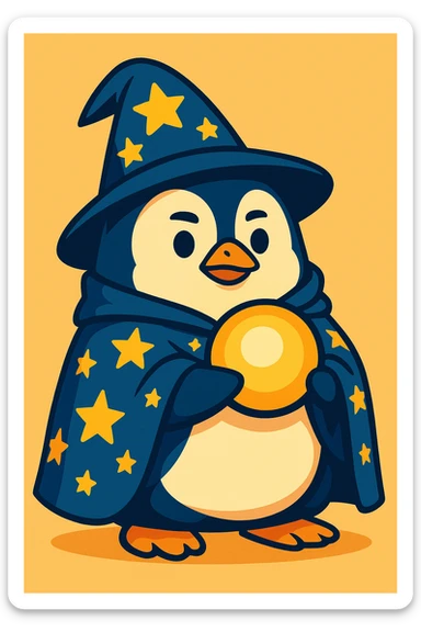 a chubby penguin in wizard attire, with a starry cloak and a glowing orb, looking wise and mystical sticker