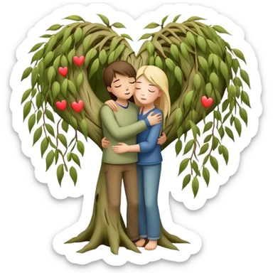 heart-shaped weeping willow tree surrounding two friends hugging in a comforting way, supportive embrace, with small heart symbol sticker