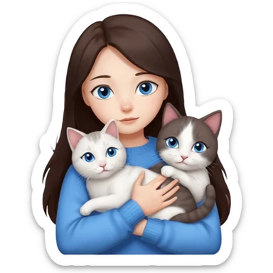 a girl with long dark 
brown hair, with blue eyes, in a
white sweater, hugs 3 different natural coloured cats sticker