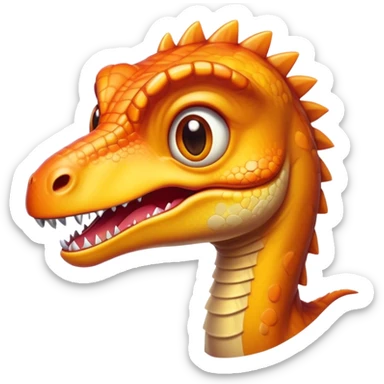 Cinematic Cute Velociraptor Portrait Emoji, Head tilted playfully with a mischievous grin, featuring a compact, agile form with bright, sparkling eyes and a slightly curved snout full of playful charm, Simplified yet irresistibly adorable features, highly detailed, glowing with a warm, inviting prehistoric glow, high shine, affectionate and lively, stylized with a touch of whimsical dinosaur mischief, soft glowing outline, capturing the essence of a mischievous yet endearing Velociraptor that seems as if it could dart out of the screen into your arms! sticker