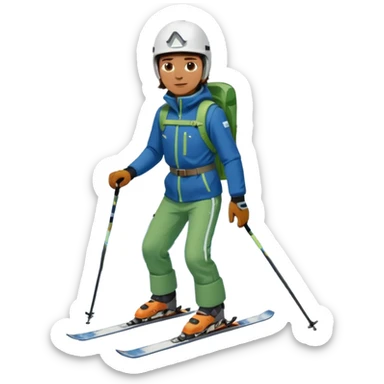 Man, skiing, White helmet, blue Jacket, Green trousers, background Matterhorn sticker