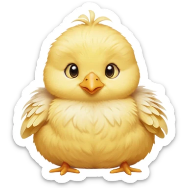 Cinematic round fluffy chick, golden yellow, tiny beak and feet, soft downy feathers, sparkling gentle eyes, sitting on a pastel-colored cushion, radiating warmth and sweetness. sticker