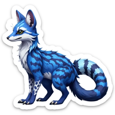 Feral Rare Fantasy scaled scaly evil spooky vibrant dark shady shaded detailed deep-dark-cobalt-blue-gradients-colored colorful Vernid-Sergal-Genet-Trico-Fox-species by LiLaiRa, with dark-blackish points, white belly, random markings, tufted tail, tufted ears, full body sticker
