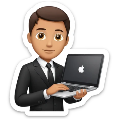 Businessman in a black business suit holding a laptop with PrimeCopy written on it sticker