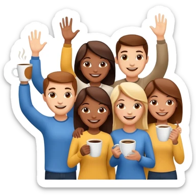 group of happy people waving with coffee cup and sun, expressing 'Good morning and happy Friday, team!' cheerful energy sticker