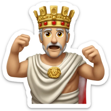 Um imperador de pé, com a toga vermelha fluindo com o movimento, rosto contorcido de raiva, olhos arregalados e punhos cerrados. Ele está jogando sua coroa de louros dourada no chão com força. sticker