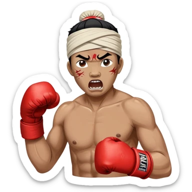 A traditional Lethwei fighter with wrapped bare fists and a traditional Burmese headband (gaung baung), shouting with fierce intensity, blood mark on glove, gritty and raw appearance, Burmese boxing sticker