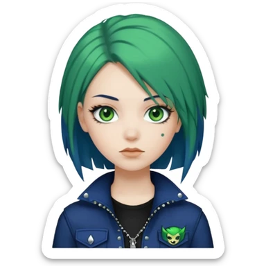 woman with white skin and green eyes, her hair is shoulder length black with navy blue hime cut layers, wearing green and blue y2k and punk themed clothes  sticker