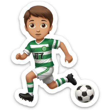 Celtic footballer jersey logo  6 years old brown hair white boy , brown eyes , stripes uniform , RUNNING  with soccer ball # 17 celtic football logo PUT ONLY ONE LOGO sticker