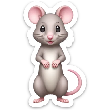 A 3D cartoon rat standing on its hind legs, gray fur, long pink tail, small round ears, curious smile, soft natural lighting, realistic yet cute Memoji-style. sticker
