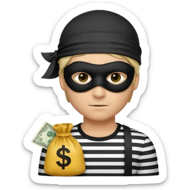 a short ios emoji-style portrait of a classic burglar, a black eye mask (looks like a blindfold) and a black-and-white striped shirt. emoji-like hair, black hat, ONE bag of money 💰 with a dollar sign in a right corner sticker