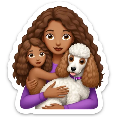 White standard poodle and long-haired brown-skinned woman embrace sticker