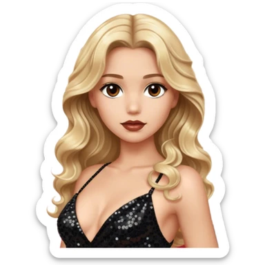 blonde model, brown eyes, long wavy hair, oscars red carpet, black sequin gown sticker