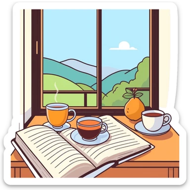 Small self-care objects: cup of tea, journal, fresh fruits, soft blanket, nature window view, gentle sunlight, pastel and warm tones, calm and mindful atmosphere, digital art  sticker