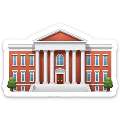 A flat cartoon-style university building with columns. Red brick, symmetrical, clean design, white background, iOS emoji aesthetic. sticker
