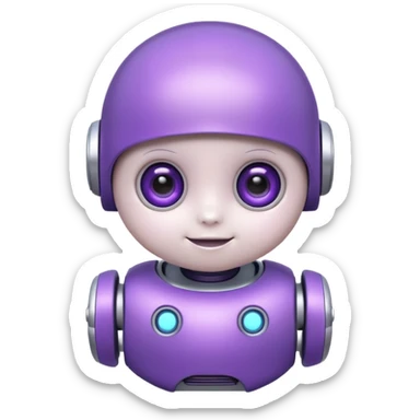 cute baby white and purple robot, round head, big eyes, smiling sticker