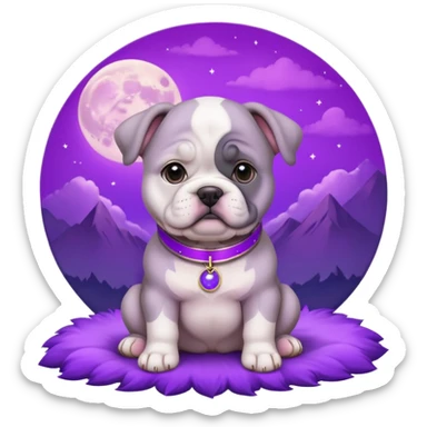 purple moon with a grey bull dog puppy with a purple collar sticker