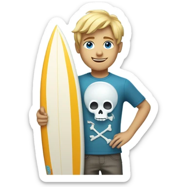 boy with scruffy blonde hair and blue eyes. holding a surfboard with a skull on it. from the chest up sticker