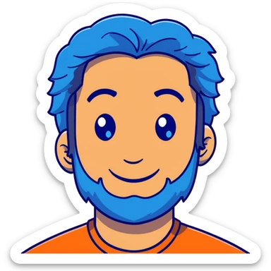 Lebanese man with one blue eye and one brown eye, light beard, kind smile, blue shirt, brown longish wavy hair sticker