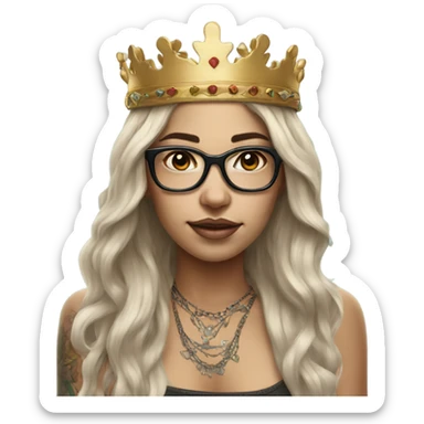 Hyperrealistic girl with long hair wearing a crown and glasses tattoos laptop sticker