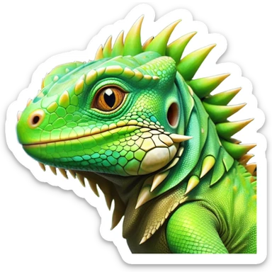 Cinematic Cute Iguana Portrait Emoji, Head tilted playfully and inquisitively, featuring a delightfully vibrant, textured body with a subtle spiky crest and large, sparkling eyes full of gentle wonder, Simplified yet irresistibly adorable features, highly detailed, glowing with a warm, inviting jungle glow, high shine, affectionate and lively, stylized with a touch of whimsical reptilian charm, soft glowing outline, capturing the essence of a mischievous yet loving iguana that seems as if it could scurry out of the screen into your arms! sticker