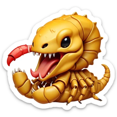 Cinematic Cute Yawning Emperor Scorpion Portrait Emoji, Head tilted slightly with a dramatic, wide-open yawn, showcasing a soft, textured exoskeleton with subtly drooping pincers and half-closed eyes in drowsy contentment, Simplified yet irresistibly adorable features, highly detailed, glowing with a soft, cozy glow, high shine, relaxed yet expressive, stylized with a dash of desert charm, soft glowing outline, capturing the essence of a sleepy yet affectionate scorpion that seems ready to stretch out for a nap! sticker