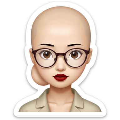 Smile Asian girl with Beige skin small Eyes with slightly upturned corners Eyes slightly close together Dark brown pupils  Bald head, wearing transparent plastic frame glasses  , thin lips with  Dark red lipstick sticker
