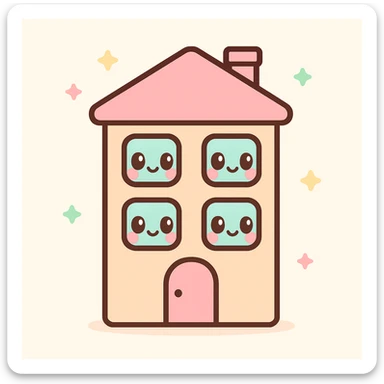 apartment building, kawaii chibi anime style, flat pastel colors, thick outlines, simple cute features, with smiling windows sticker