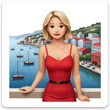 jennifer lawrence, red dress leaning on a balcony with a harbor and cityscape in the background, smiling sticker