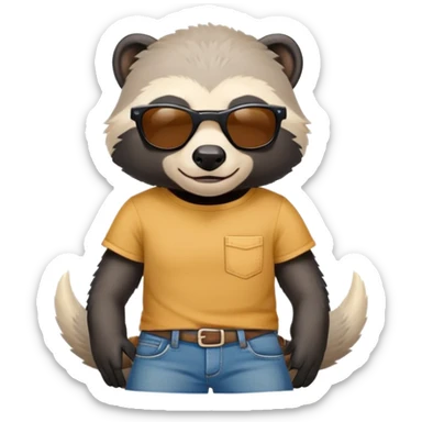 friendly anthropomorphised honey badger in jeans and a t-shirt, wearing sunglasses, head and shoulders view sticker