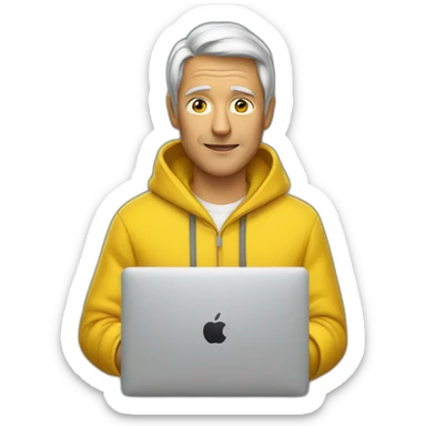 A mature boy with Macbook wearing yellow hoodie sticker