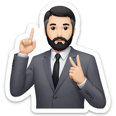 Emoji-style cartoon man, 50s, black beard with gray streaks, wearing a business suit. Raises right index finger upward (↑) to signal 'attention!' Simple design, bold lines, minimal details. Looks Дмитрий Шумейко sticker