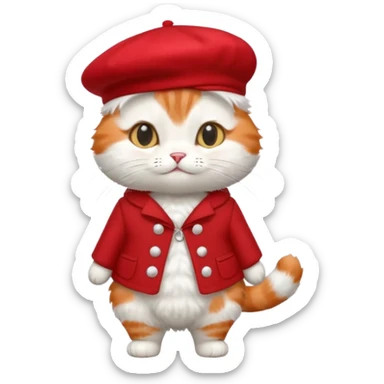 A cute cat emoji, full body, standing in side view, wearing a stylish red beret. sticker