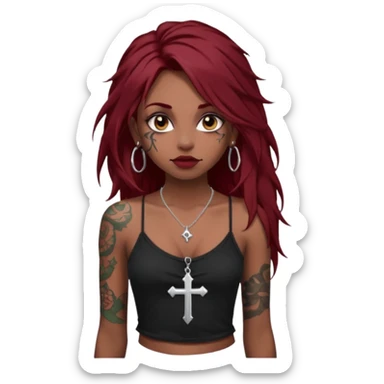 generate an ios genmoji of a dusky girl with long dark red messy hair with eyeliner on her eyes.  septum piercing, wearing a cami black top, has tattoos, on shoulders. ear piercings. wearing a cross silver necklace. carrying a big roll of fabric  sticker