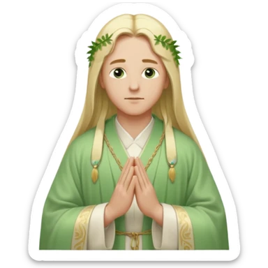 a young bishop, green eyes, long blonde hair, light green wide, flowing outer robe. hands clasped together, eys closed. Soft light, subtle fern. Waist-up, profile. sticker