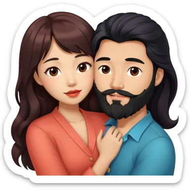 handsome asian man with long black hair and beard, hugging cute tan skin woman with long wavy reddish brown hair with bangs and coral lipstick sticker