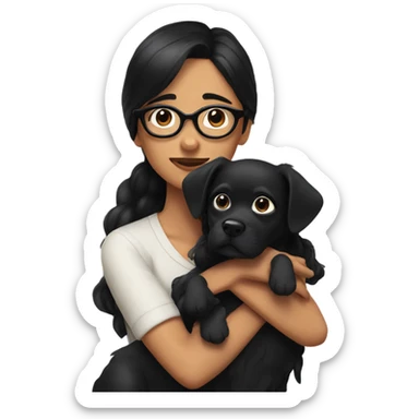 girl with black hair and black glasses huging 3 black dogs sticker