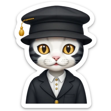 Create a black-and-white boy cat with a hat and human clothes sticker