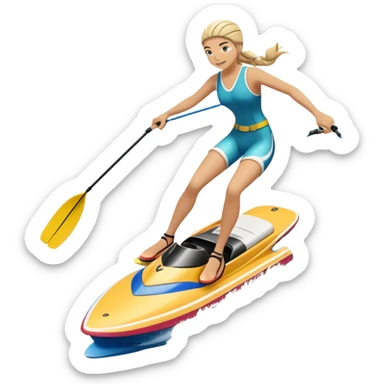 An icon showing an athlete balancing on two water skis, holding onto a rope pulled by a speedboat. Water splashes trail behind as the skier rides across the surface with no poles. Transparent background emphasizes the excitement and balance of water skiing. sticker