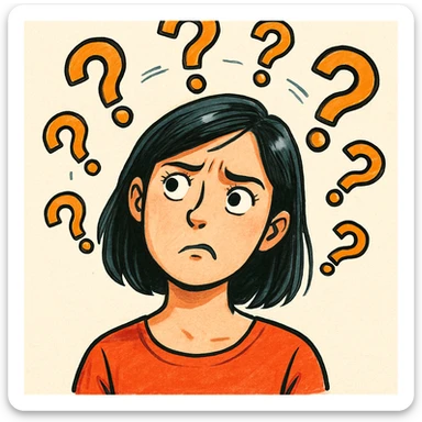 confused woman with straight dark hair, head tilted, question marks circling around her, clear expressive style sticker