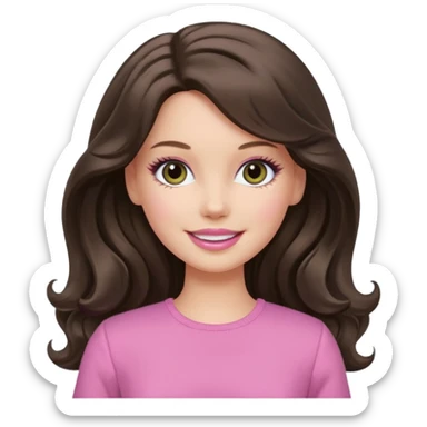 A white Barbie girl with long dark brown wavy hair in pale olive clothes pink and smail sticker